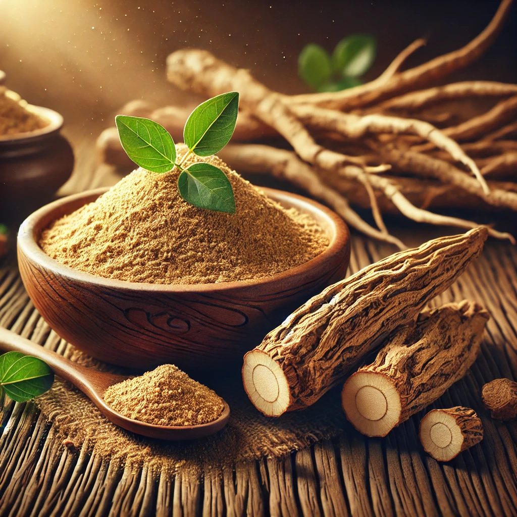 DALL·E 2025-02-07 17.17.41 - A realistic digital painting of Ashwagandha root and powder presented on a rustic wooden table. A traditional wooden bowl filled with finely ground As