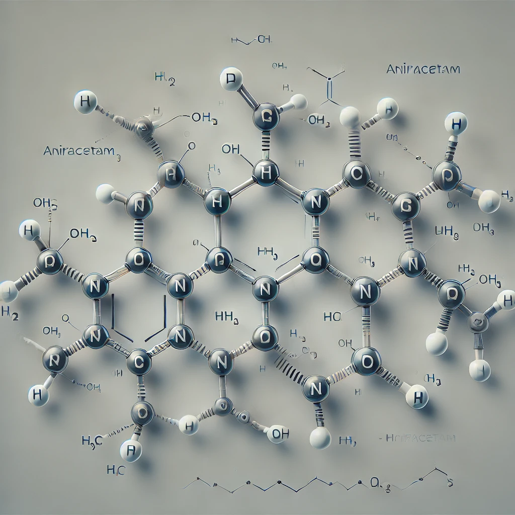 Schematyczna ilustracja cząsteczki Aniracetamu, przedstawiająca jej strukturę chemiczną w formie trójwymiarowego modelu z oznaczeniami atomów (H, C, N, O). Grafika ilustruje właściwości nootropiku wspierającego komunikację werbalną i klarowne myślenie.