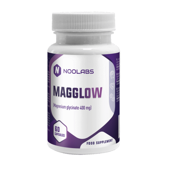 Butelka suplementu Magglow – glicynian magnezu 400 mg, 60 kapsułek – Noolabs