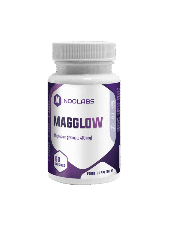 Butelka suplementu Magglow – glicynian magnezu 400 mg, 60 kapsułek – Noolabs